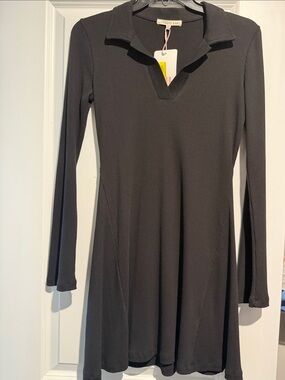 Copper Key Black Long Sleeve Ribbed V-Notch Polo Dress